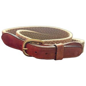Zep-Pro Woven Belt Canvas Leather Beige Khaki Brass Buckle Mens 36